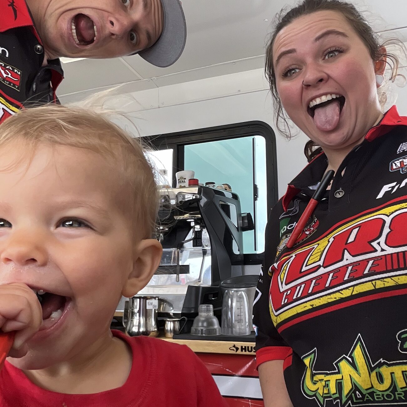 Casey and Tyler family selfie at the trailer