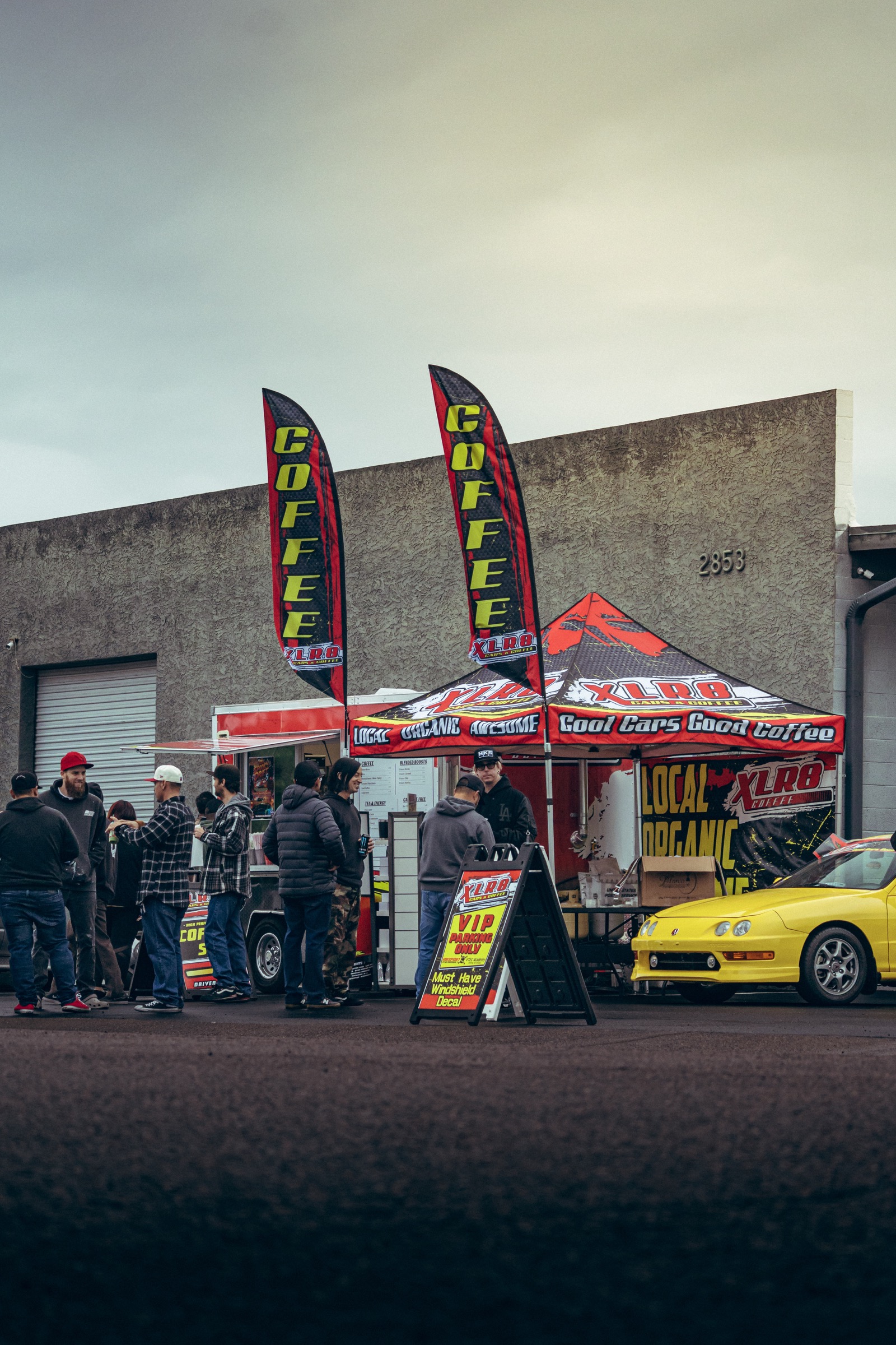 Customers lined up at the XLR8 Coffee trailer in Corona de Tucson, Arizona
