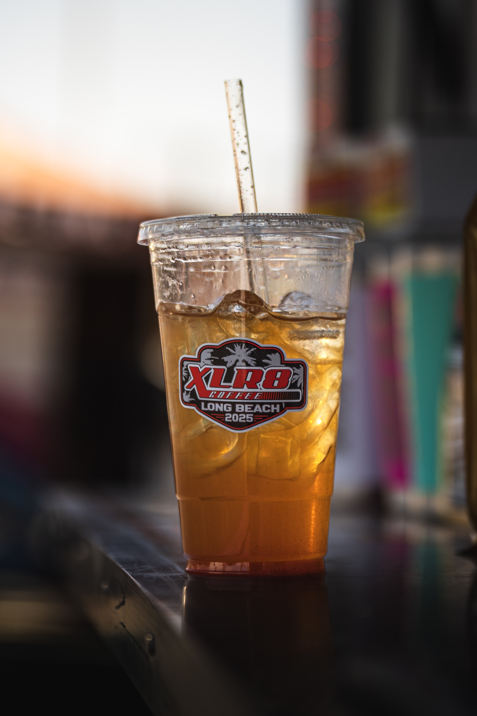 Close-up of an XLR8 iced coffee